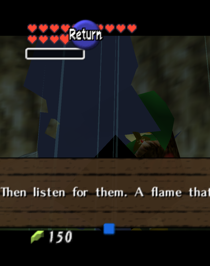 A wooden textbox reading 'Then listen for them. A flame that' with the line running past the right edge of the box, in front of a tall dark blue figure at night.