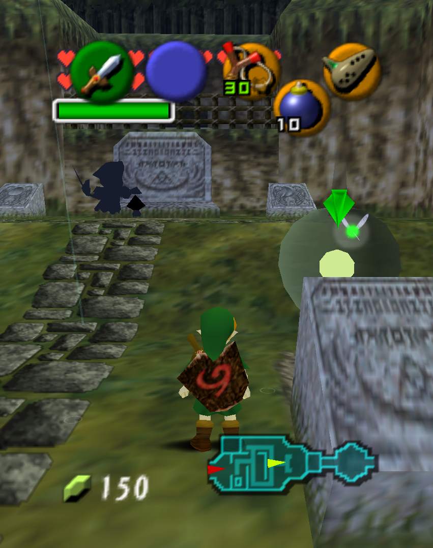A pale translucent green sac hanging in a night graveyard beside a gravestone, with a bright yellow-green core and a hard green shard floating above it.