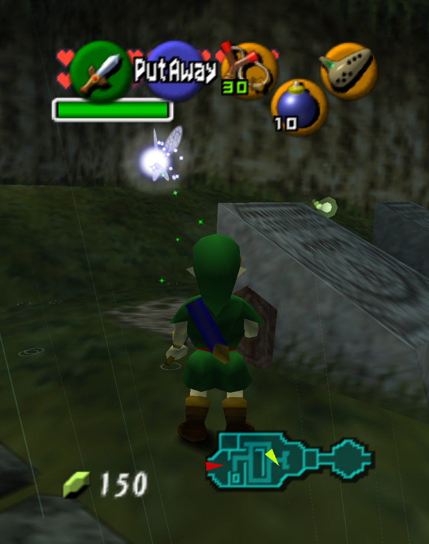 Link with his sword drawn in a night graveyard, a small pale-green mote fleeing over a gravestone to the right, trailing green sparks.