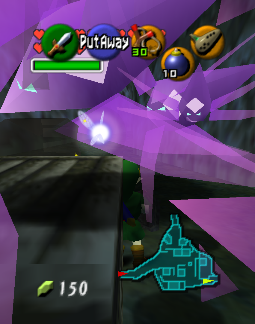A dark, cramped view against rock in Kakariko Village at night, mostly filled by the back of Link's head.