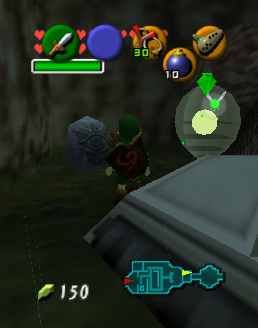 A translucent pale-green egg-shaped sac on a grassy terrace at night, faint horizontal banding across it, a bright yellow-green core inside and a hard green shard floating above with a visible gap.