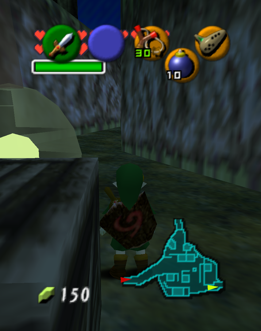 Link standing at the foot of a tall rock cliff in Kakariko Village at night; no sac is visible in the frame.